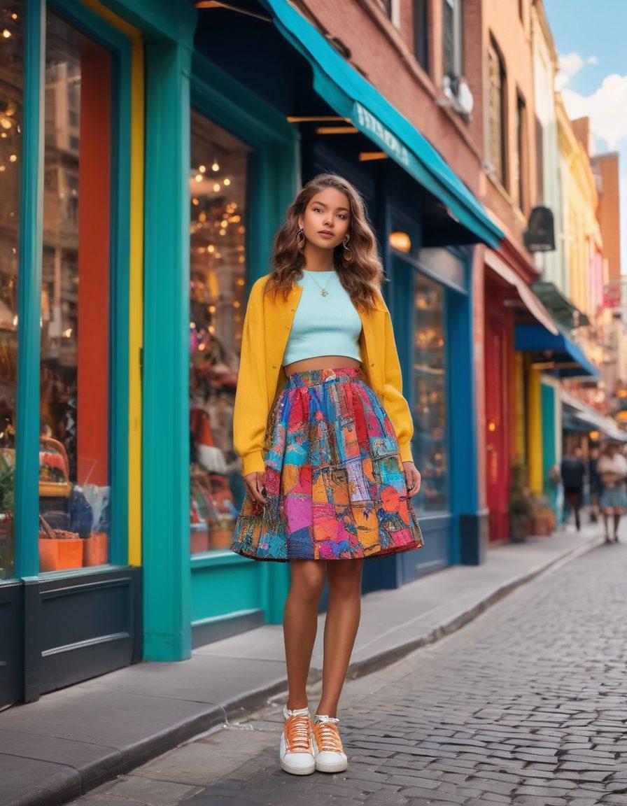 A stylish teenager in a trendy outfit, radiating confidence while standing tall amidst a bustling city street. Surround the figure with colorful fashion elements like skirts, shoes, and accessories that represent petite fashion trends. Include a vibrant backdrop with boutique windows showcasing diverse styles and a crowd of supportive friends. The scene should evoke a sense of empowerment and self-expression. super-realistic. vibrant colors. urban setting.