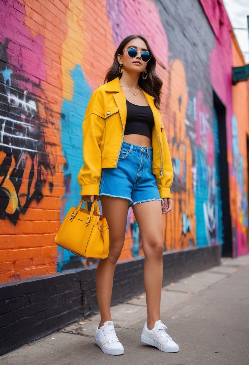 A fashionable petite teen girl confidently strutting down a vibrant city street, showcasing unique outfit styles that blend modern trends with classic chic elements. Surround her with stylish accessories like oversized sunglasses and statement bags, accentuated by a colorful backdrop of street art and bustling fashion boutiques. Incorporate elements representing empowerment and self-expression, such as graffiti of empowering words. bright colors. super-realistic. energetic vibe.