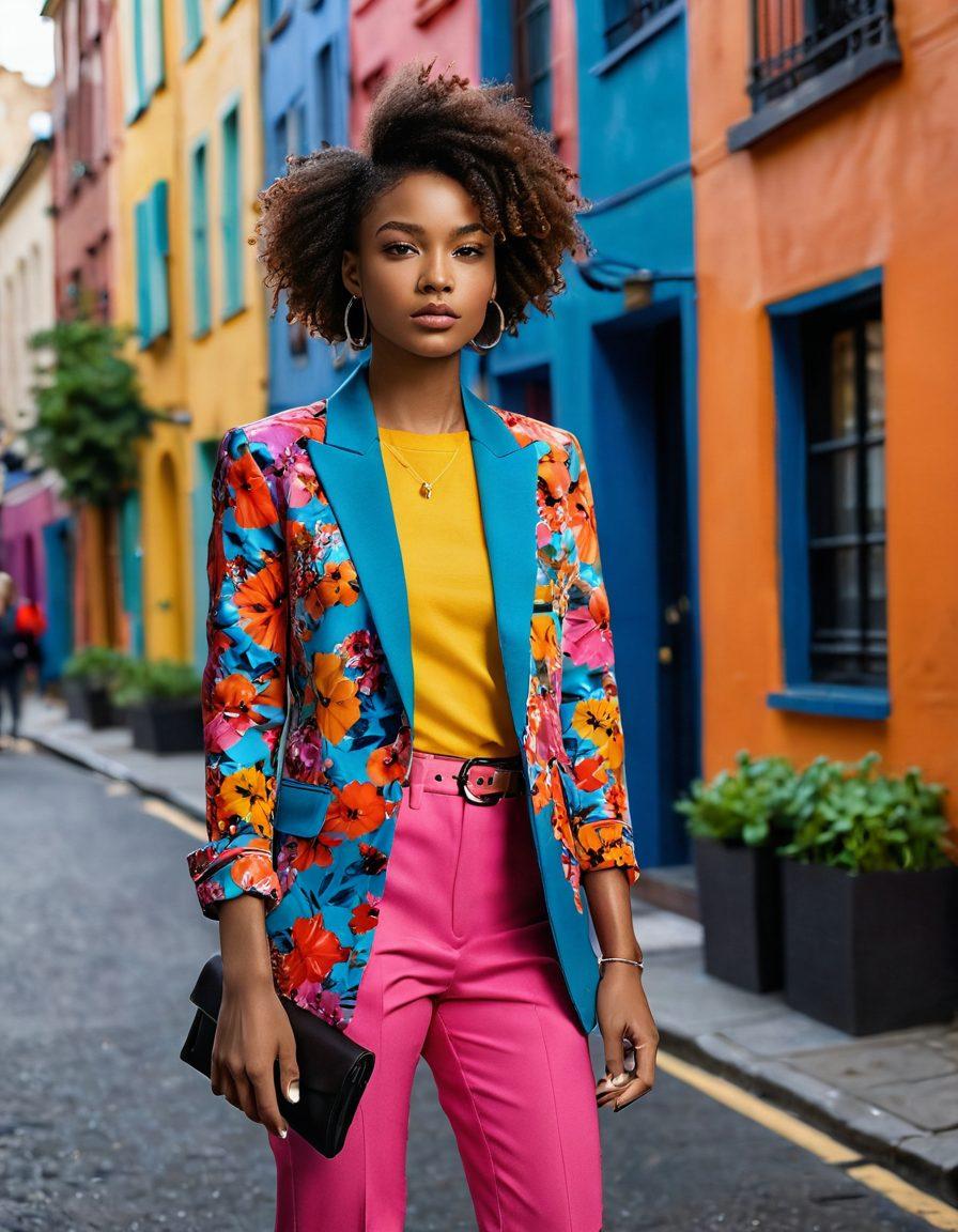A stylish young woman in a vibrant, chic outfit showcasing the latest petite fashion trends. The background features a mix of urban and floral elements to symbolize a blend of city life and nature, with playful accessories highlighting her uniqueness. Include diverse styles of clothing, from casual to formal, demonstrating the versatility of petite fashion. The scene should evoke a feeling of empowerment and creativity, celebrating individuality among young women. 3D. vibrant colors. urban aesthetic.
